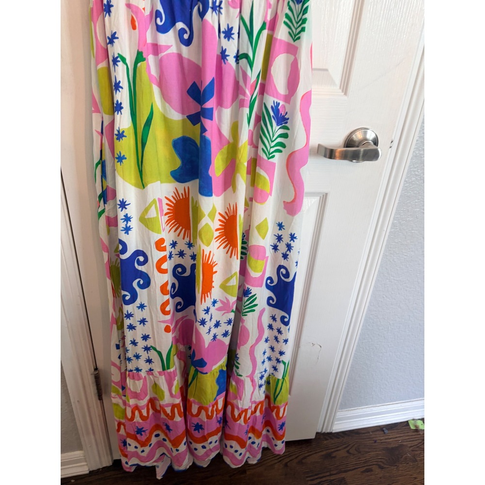 Petal + Pup Maxi Dress Multi Color Abstract Tropical Smocked Tiered Boho Sun L